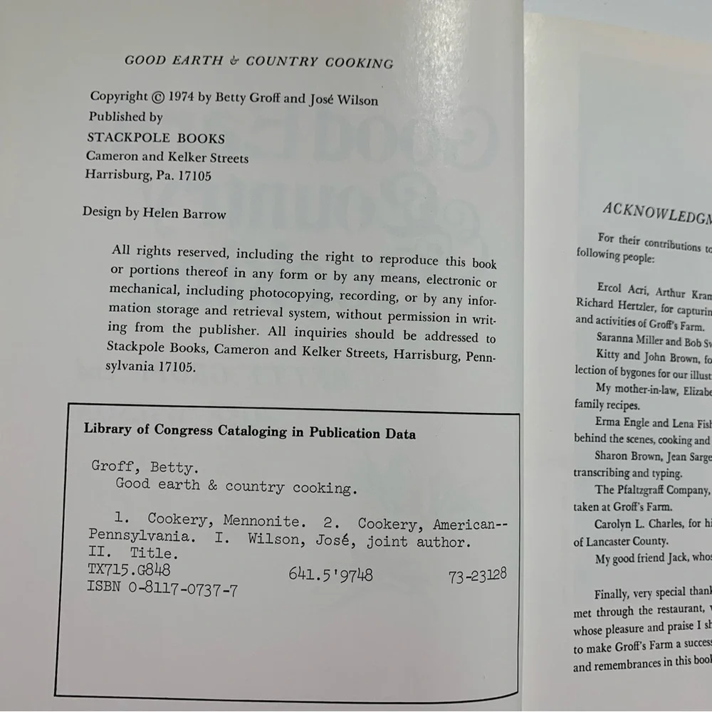 1974 Good Earth & Country Cooking Recipe Book By Betty Groff & Jose Wilson